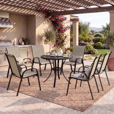 37.8" H Outdoor Khaki Stackable Patio Dining Armchairs with Breathable Textilene Fabric and Iron Frame, Set of 6