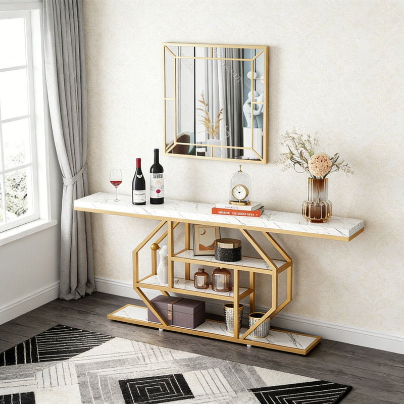 Console 70,9 "à 4 niveaux, canapé en faux marbre avec structure en métal doré