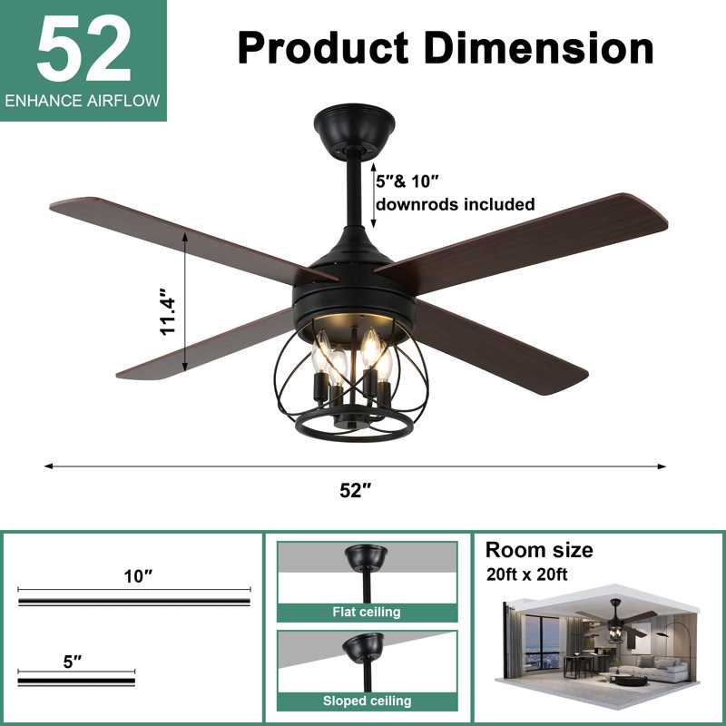 52" Farmhouse 4 Wooden Blades Caged Ceiling Fan with Light and Remote Control