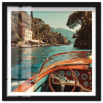 «Italian Speed Boat Visits Shadowbox», art italien rétro par Notoriart, cadre noir, 16 x 16