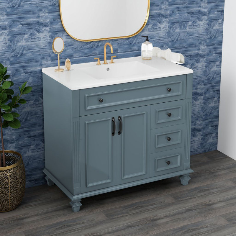 Meuble-lavabo autoportant de luxe - lavabo en céramique, tiroir rabattable et quincaillerie dorée?, Bleu