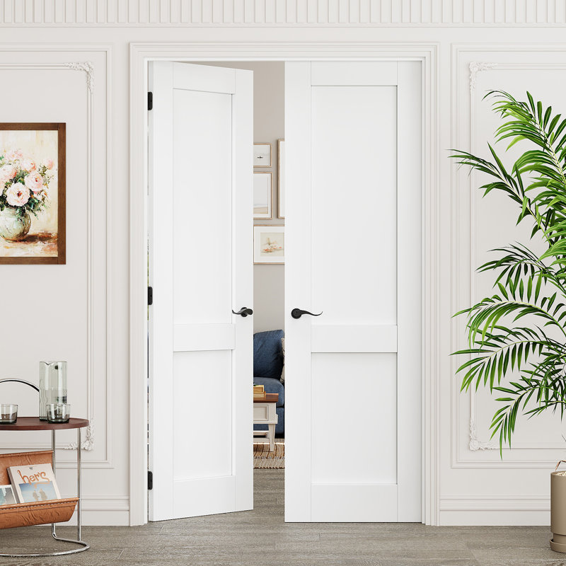 Porte intérieure à 2 panneaux à âme pleine, portes françaises doubles en MDF certifiées CARB P2, quincaillerie noire mate incluse : poignée de porte avec serrure, loquet et charnières, préfinie et imperméable, garde-manger, chambre, salle de bain et placard, teinture facile à appliquer soi-même, 91,4 cm x 203,2 cm
