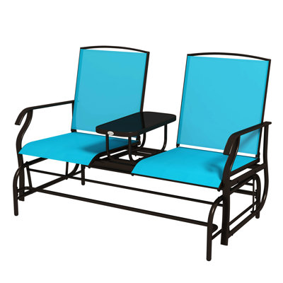 Blue Glider Bench With Center Table. Metal Frame Patio For Porch. Breathable Fabric, 528 Lbs. Total Weight Capacity, Double Gliding Relax Garden Coffee Table - Delight, Backyard, Porch, Poolside