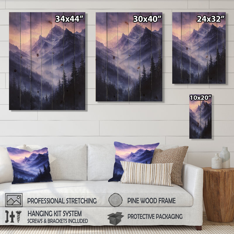 Misty Peaks In The Twilight V - paysage de montagnes, art mural sur bois de pin naturel, H 32 po x l 24 po x P 0,78 po