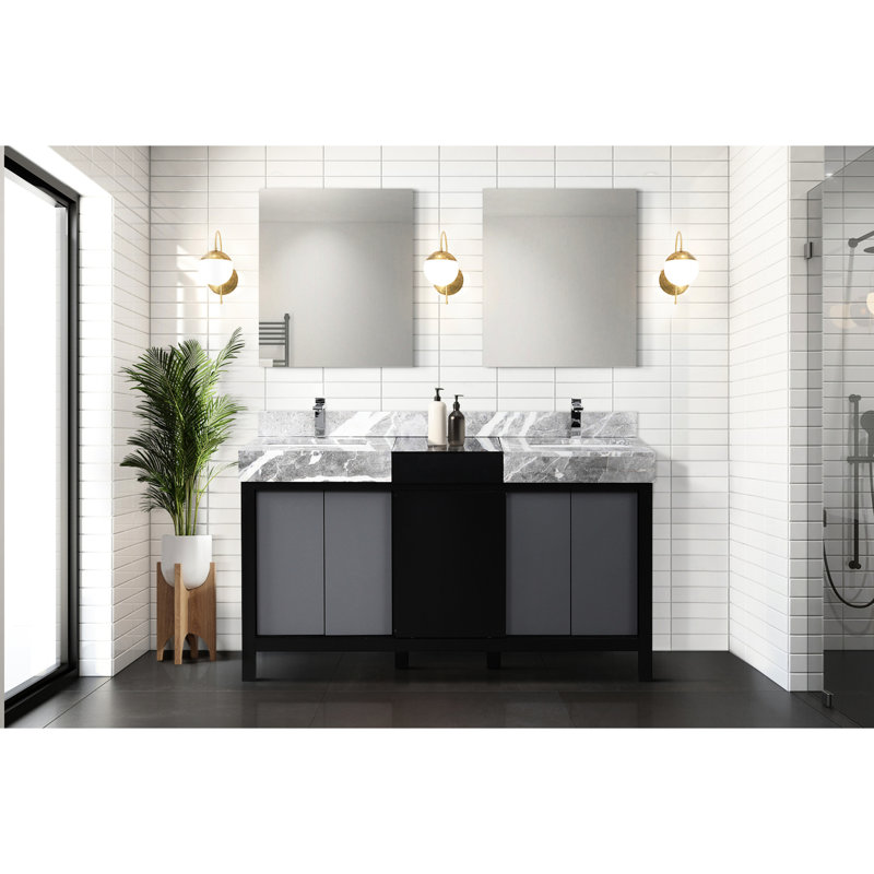 Meuble-lavabo double 60 po En noir et gris, plateau en marbre, robinet, 28 miroirs - teint et aspect gris, marbre gris, à rayures
