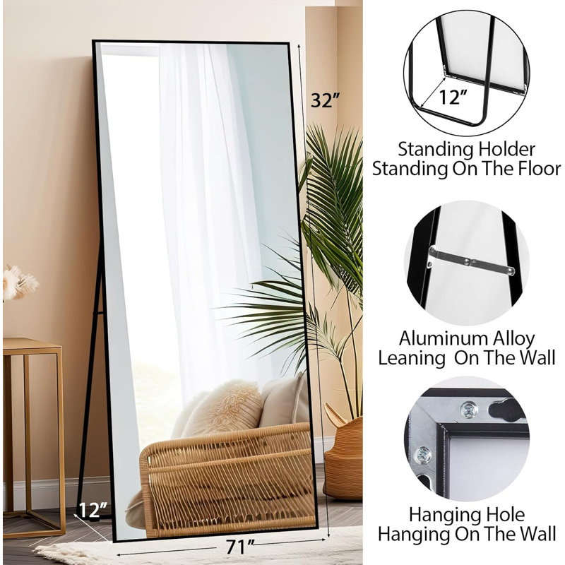 Grand miroir pleine longueur 71 po x 32 po avec support, miroir mural complet noir, miroir pleine longueur à cadre en métal trempé pour le salon, la chambre à coucher