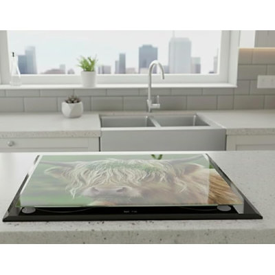 Multicolour Highland Cow Universal Hob Cover Plate 5Mm Thick Tempered Glass All Types Cookers Kitchen Decor Worktop Saver 4X Feet Large Chopping Board 60 X 52 Cm (Hob Cover with 4 X Grey Feet)