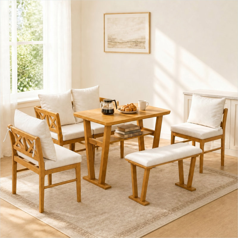 Ensemble de salle à manger de coin en bois massif blanc classique 6 pièces avec banc, table et chaises