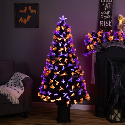 8-Function Fiber Optic Artificial Pine Potted Halloween Tree - 5' - Black - Orange and Purple LED