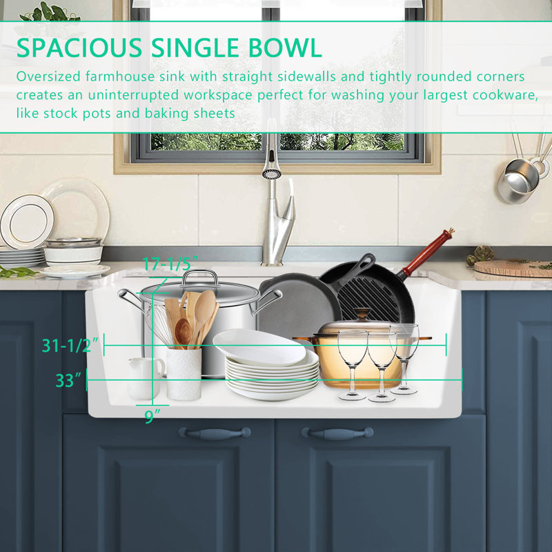 Single Bowl Fireclay Kitchen Sink, 10" H x 20" W x 33" L