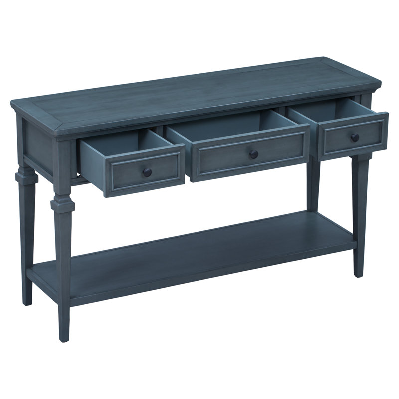 Console de style rétro classique avec trois tiroirs supérieurs et tablette inférieure ouverte, Marine
