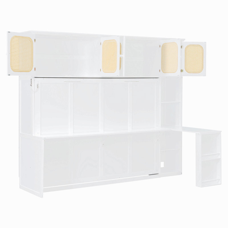 Lit escamotable double avec bureau et armoires en rotin, lit mural peu encombrant pour le bureau à domicile, White