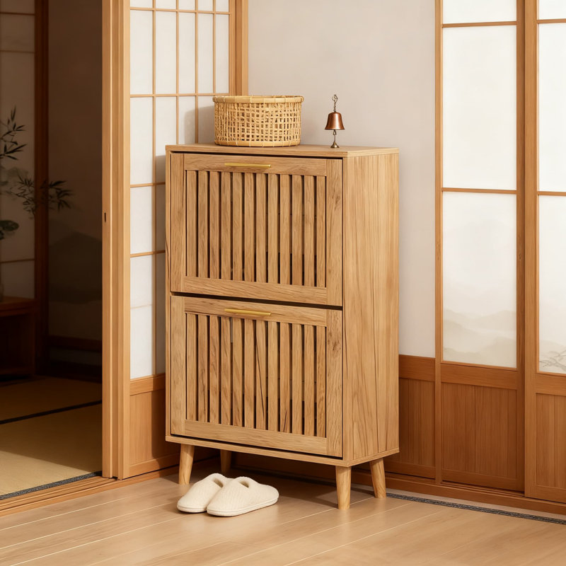 Armoire de rangement pour chaussures mince avec 2 tiroirs rabattables et portes à persiennes, organisateur de chaussures autoportant pour l'entrée, le couloir ou le salon, conception compacte pour les petits espaces