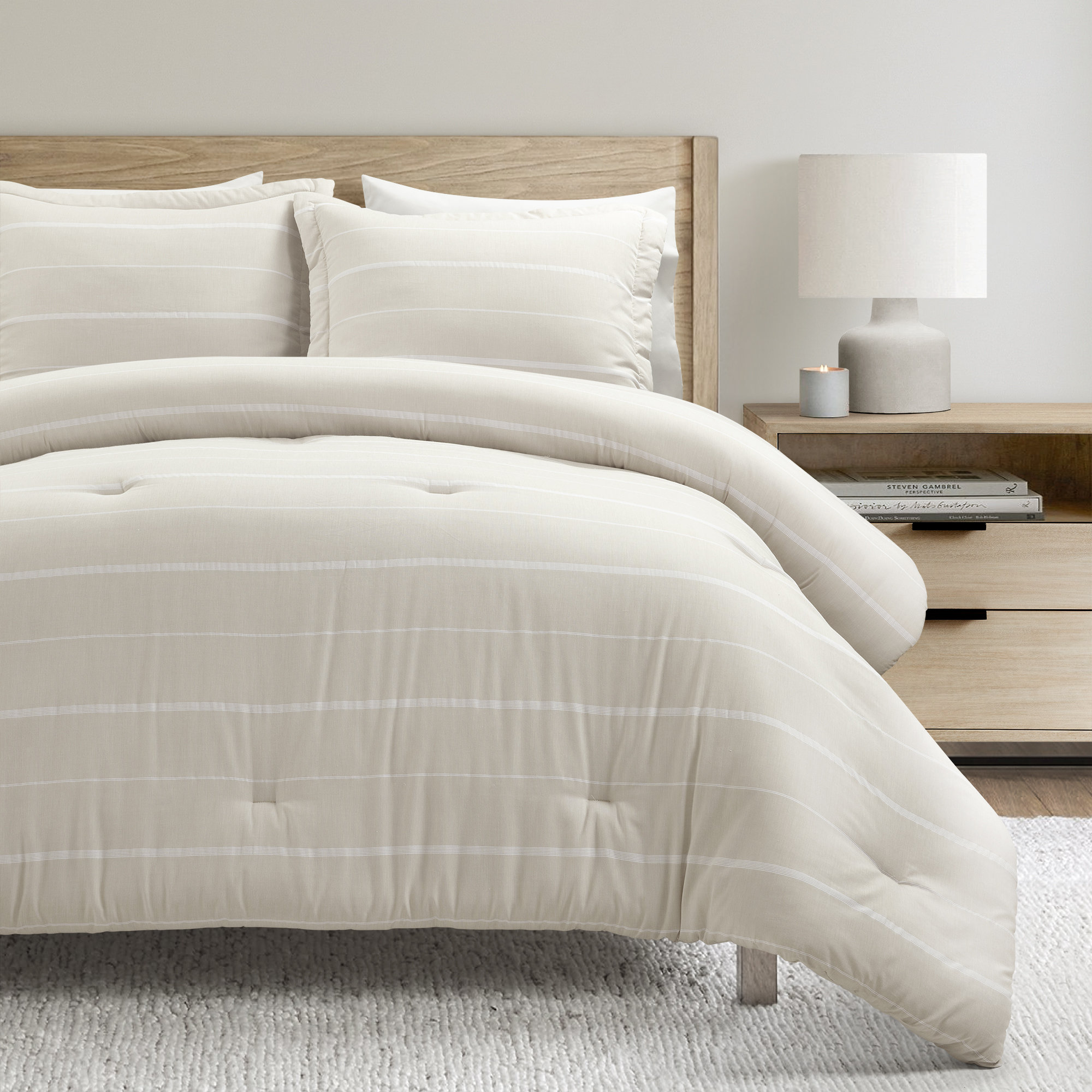 Classic Farmhouse Stripe Comforter Set 3Pc Set, California King Comforter + 2 King Shams, Beige