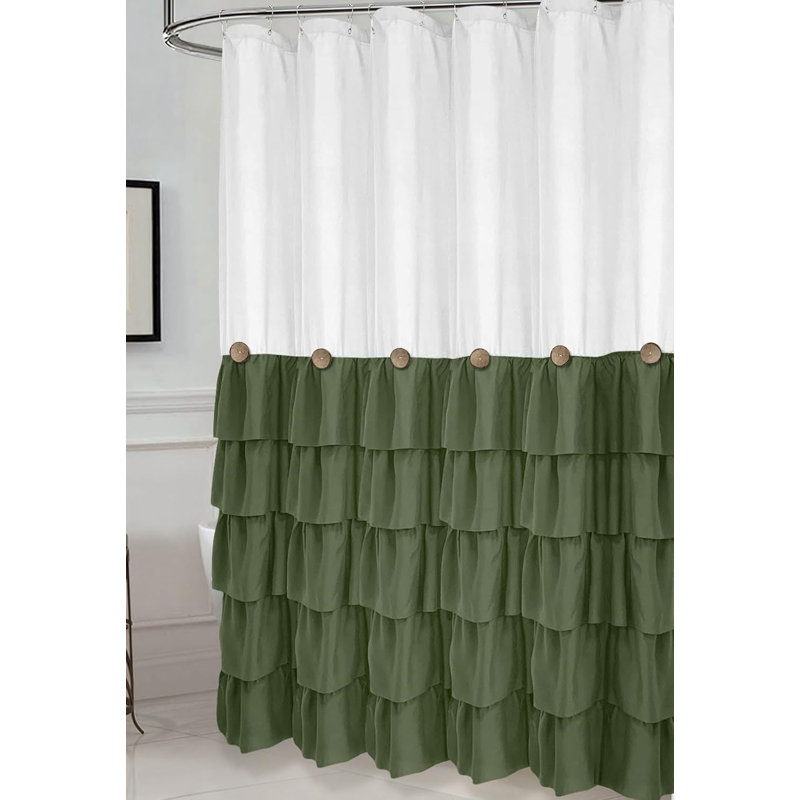 White and Green Ruffled Fabric Shower Curtain with Wooden Buttons