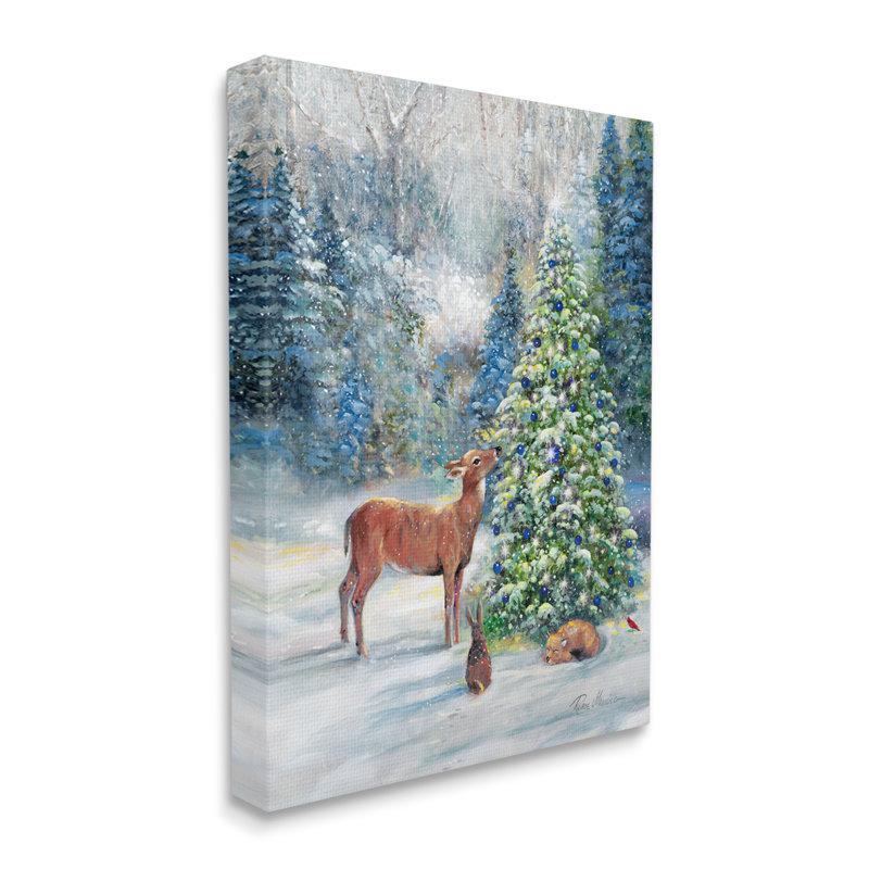 Hiver, animaux de la forêt, peinture sur toile, H 20 po x l 16 po x P 1,5 po