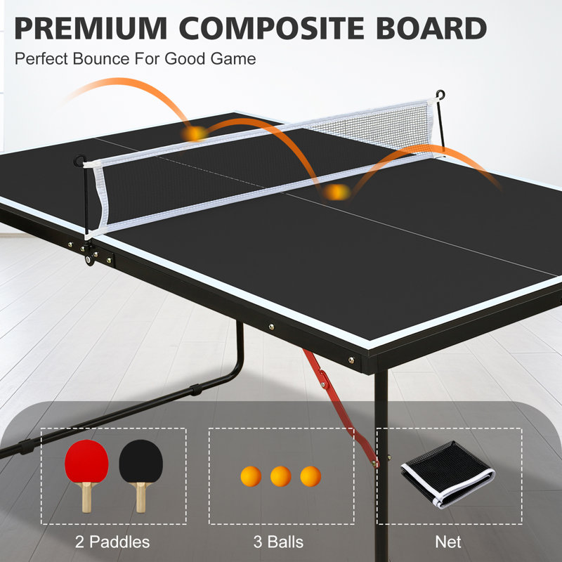 Table de ping-pong pliable de 137 cm (4,5 pieds), avec filet et 2 raquettes, facile à ranger, noire., Black