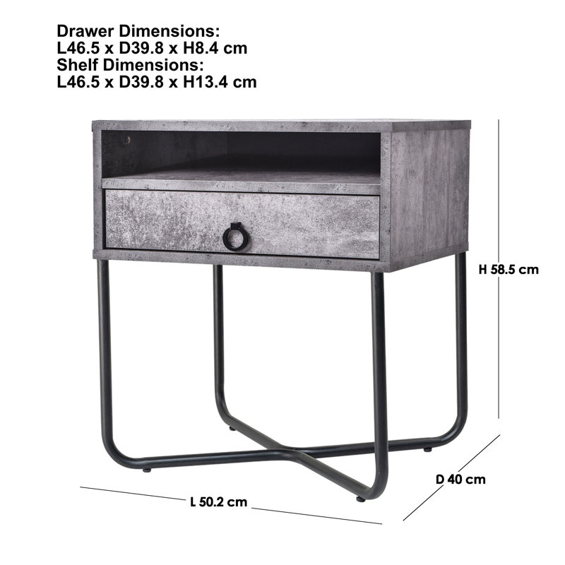 Hommer 50.2cm W Manufactured Wood Bedside Table, Iron Slate