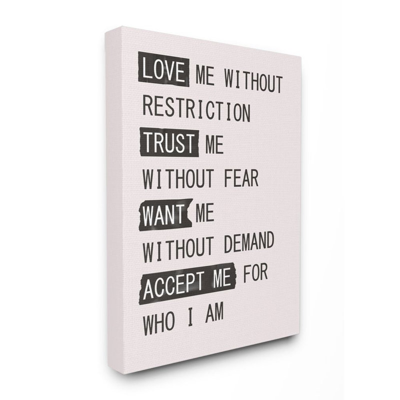 «Love Trust Want Accept Me Inspirational Pink Type Design» par Design Fabrikken - impression d'art textuel, Toile tendue
