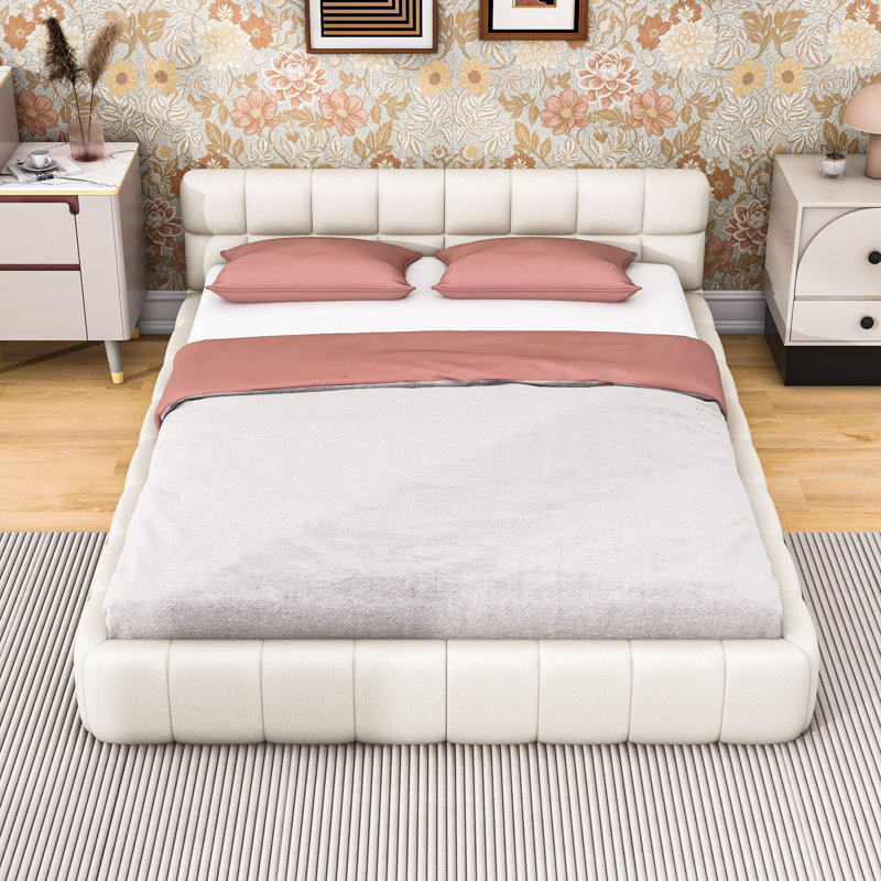 Grand lit plateforme tapissier en lin avec tête de lit et lattes uniques, Beige