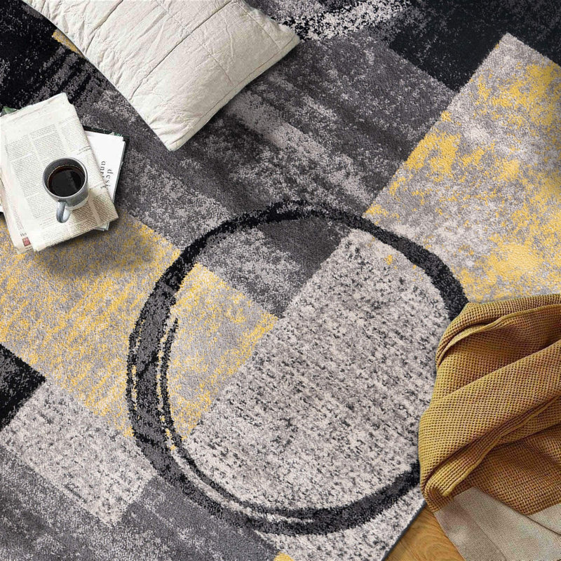 Bionda Geometric Yellow/Black/Gray Area Rug, Rectangle 10' x 14'