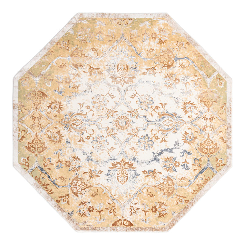 Tapis jaune à motif floral Alamo, Octogone 7 pi 10 po x 7 pi 10 po