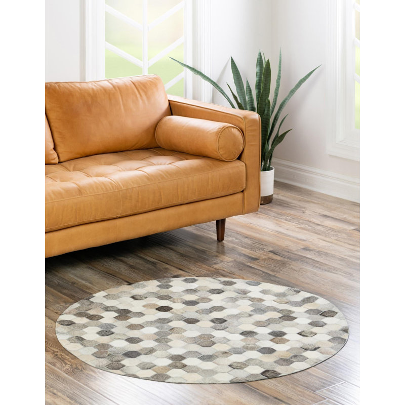  Tapis en cuir de vache mosaïque, Rond 4 pi 1 po