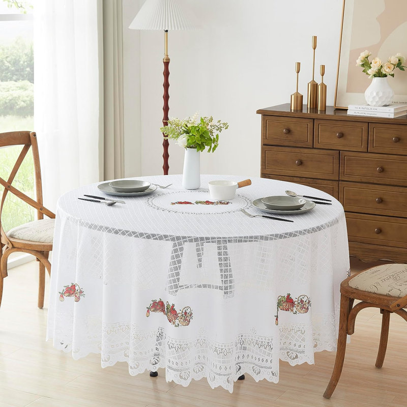 Nappe ronde en dentelle pour décor de maison de campagne, 70 po x 70 po, Blanc