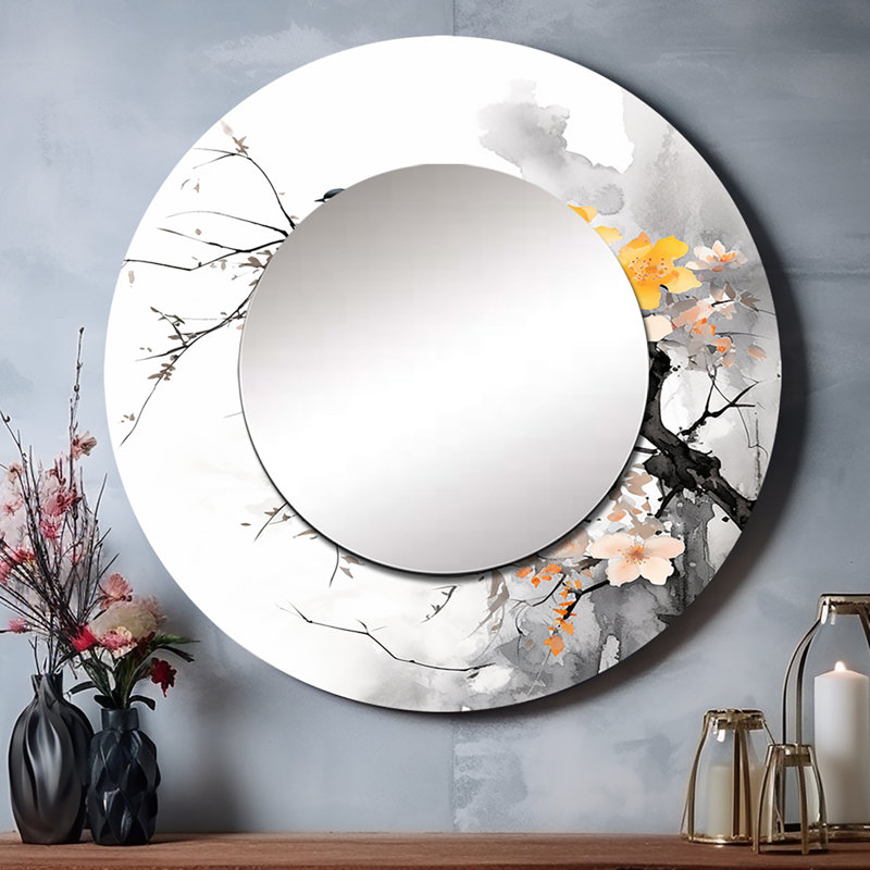 Bat Sumi de Saavan Asian Art - miroir d'art asiatique, miroir mural unique rond global, impression d'art en métal