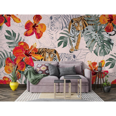 Beige Tropical Tiger Floral Pattern Wallpaper