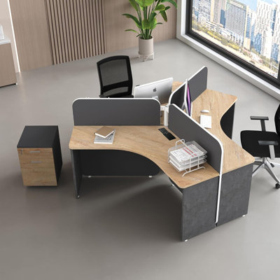 3 Person Office Cubicle Desk Workstation with Drawers  Built-in Power Outlets, Adjustable Wall Partitions, Layouts for Startups and Modern Workspaces