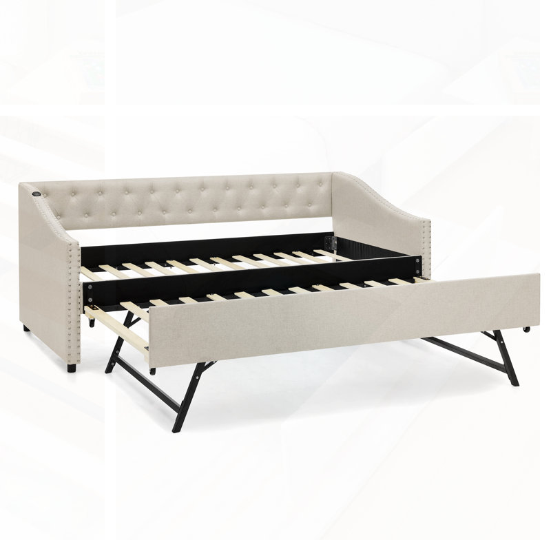 Lit de jour simple avec charge USB, lit escamotable extensible et conception élégante capitonnée pour une vie moderne, Beige