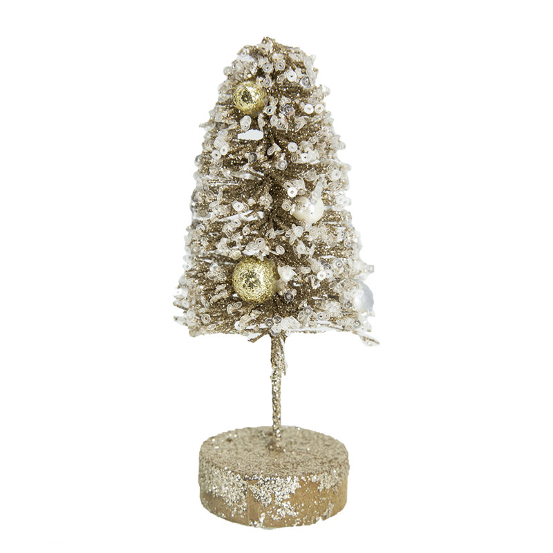 Champagne Glittered Tree On Wood Base - Set of 12 - 2.4" x 2.4" x 6"H - Gold