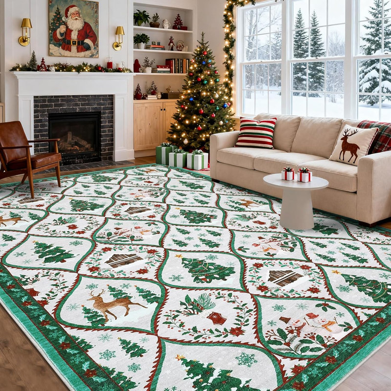 9x12 Washable Christmas Area Rug, Non-Slip Thin Decorative Carpet, Soft Foldable Holiday Accent Rug for Living Room, Bedroom, or Dining Room – Red