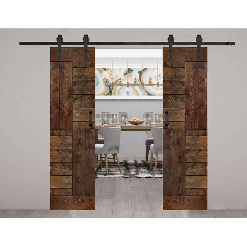 Porte de grange coulissante double en bois massif avec trousse de quincaillerie brevetée S Series - assemblage requis
