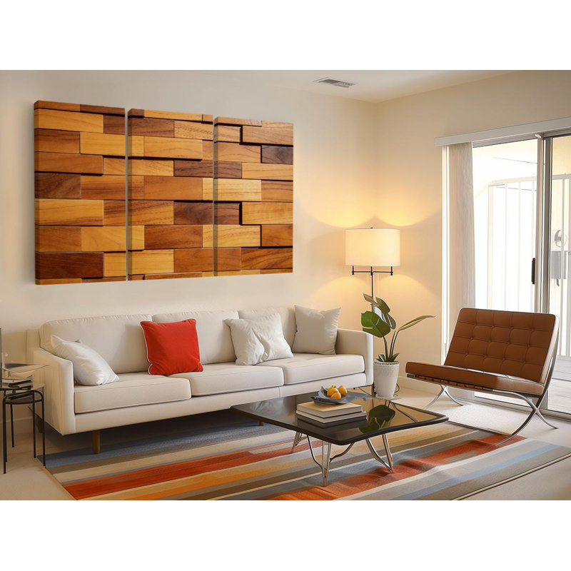 Reproduction d'art moderne sur toile de bois moderne - art mural triptyque géométrique 3D rustique, panneaux abstraits de texture de bois brun, grand ensemble de décoration de salon, reproduction de peinture
