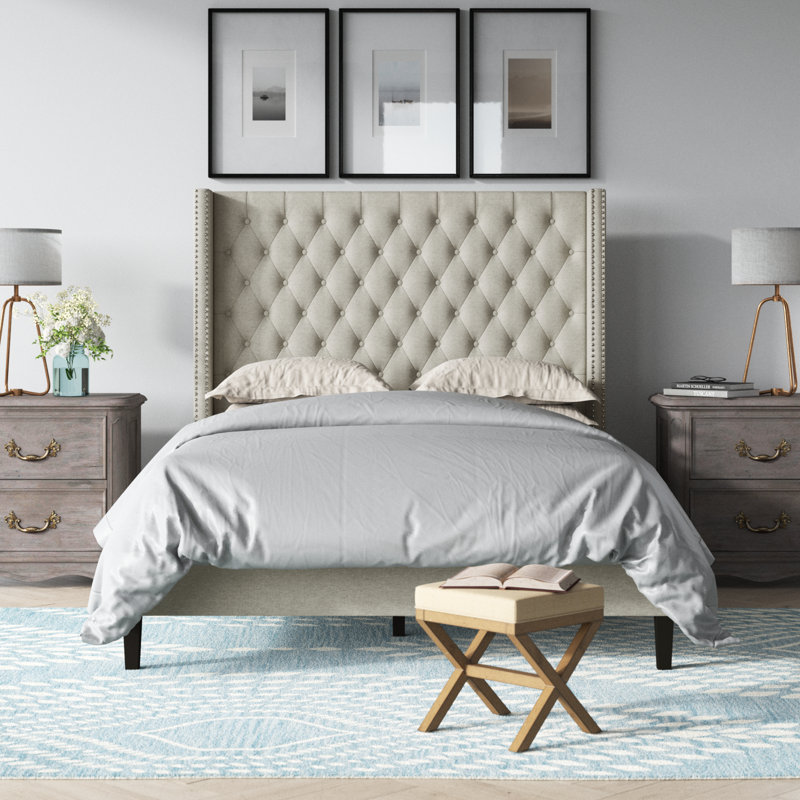 Allyonna Upholstered Wingback Bed, Queen, Beige