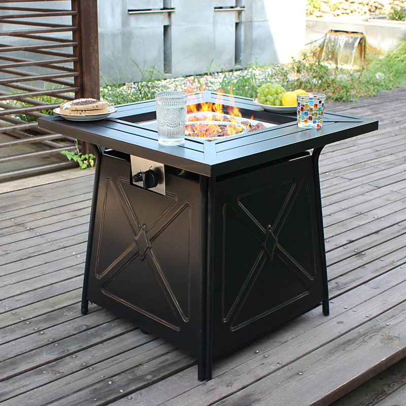 Square Stainless Steel and Stone Propane Smokeless Fire Pit Table with Lid