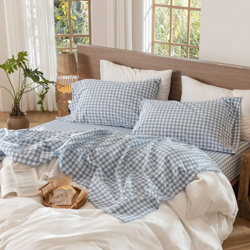 Ensemble de draps 100% coton lavé MooMee, Ensemble de draps pour grand lit avec 2 taies d'or, Bleu bleuet