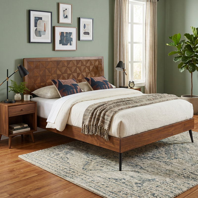 Selvar Queen Size Solid Wood Platform Bed Frame, Warm Walnut, Queen