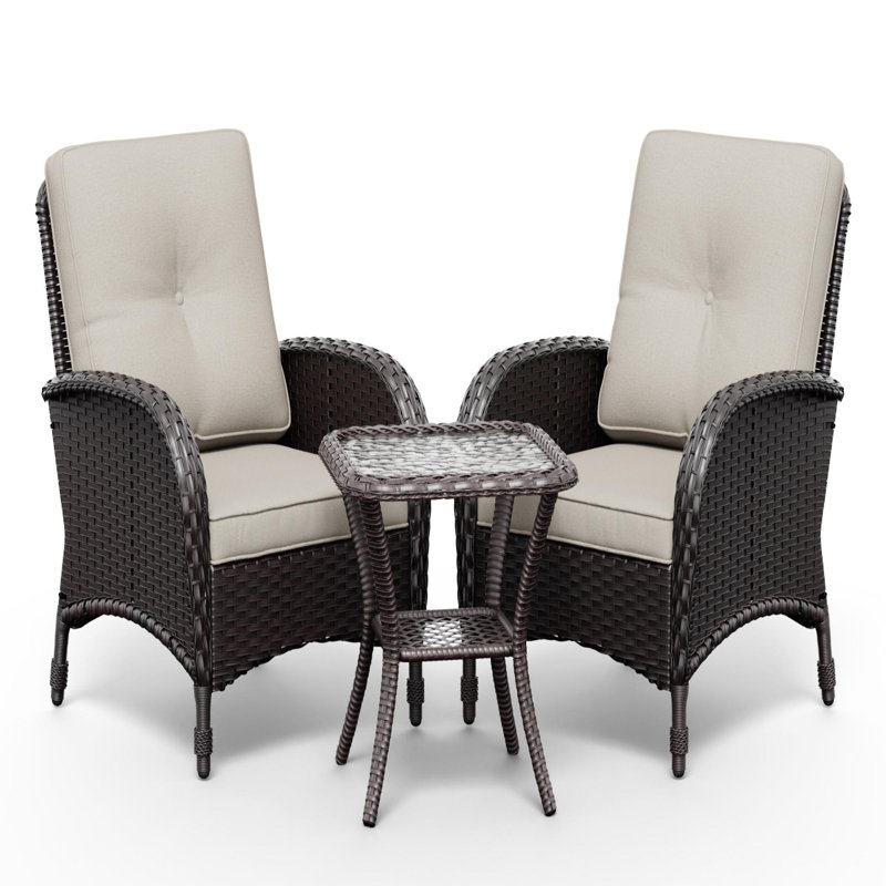 2-Person All-Weather PE Wicker Outdoor Patio Set With Chairs, Side Table & Beige Cushions, Beige