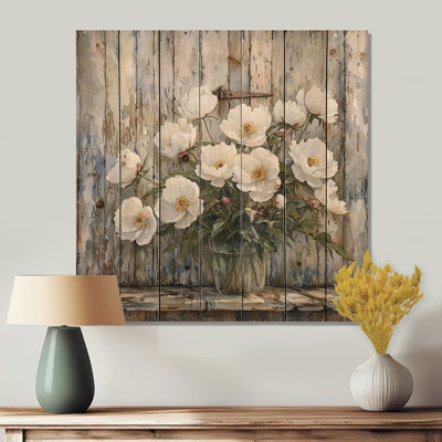Pivoines et grange vieillie III - Décoration murale en bois de pivoines - sur bois de pin naturel