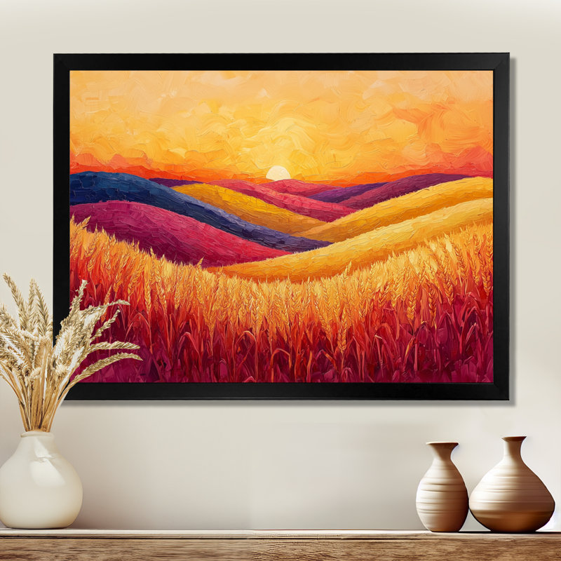 Coucher de soleil sur le champ de blé I - campagne, art mural, Cadre simple, Noir, noir, noir, noir, H 12 po x l 20 po