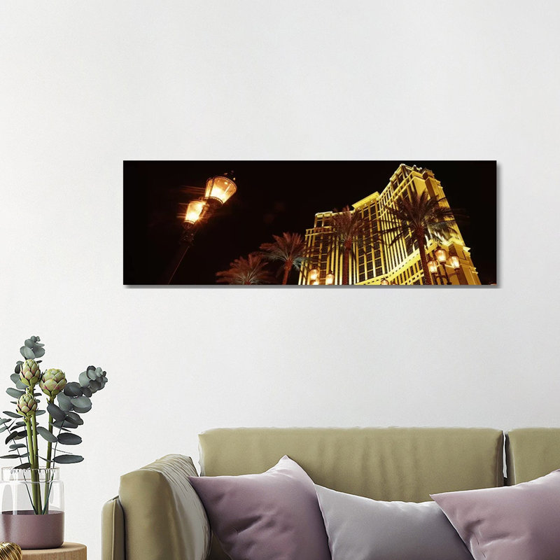 Low Angle View Of A Hotel Lit Up At Night, The Strip, Las Vegas, Nevada, USA - Wrapped Canvas Panoramic Print