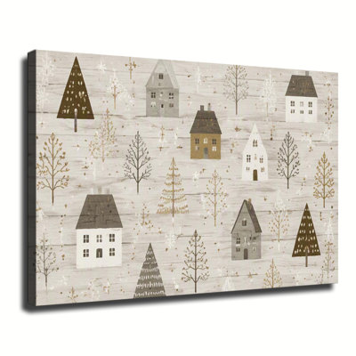 Tableau mural minimaliste sur toile représentant des maisons et des arbres d'un village d'hiver sur fond de bois rustique