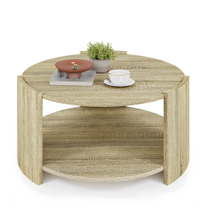 Light Brown Round Wood Coffee Table with 2-Tier Storage