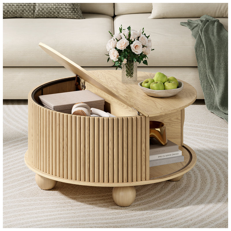 Table basse ronde avec rangement, table basse cannelée relevable 31,5 po, chêne, Chêne
