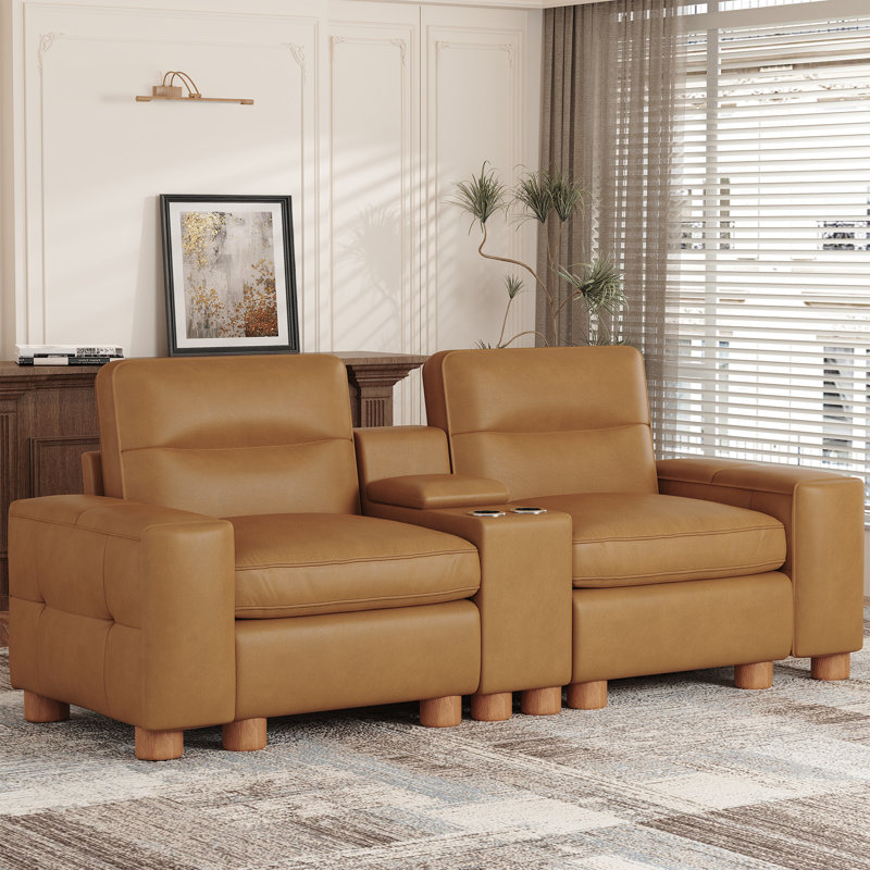 Modern 90" Genuine Leather Sofa With Square-Arm And Storage End Table