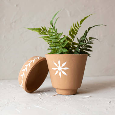 Foreside Home & Garden Natural Handthrown Oval Terracotta Planter with Handpainted Block Pattern