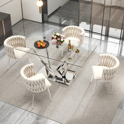 Modern Rectangle Tempered Glass Pedestal Dining Set with Velvet Woven Dininig Chair